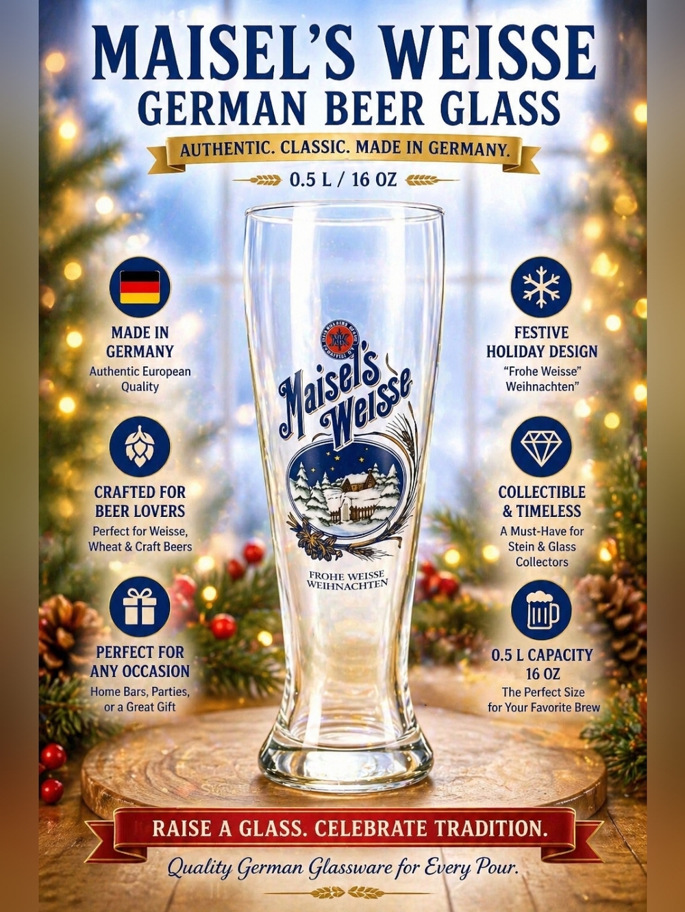 Maisel's Weisse German Beer Glasses, 0.5L 9.5' FROHE WEISSE WEIHNACHTEN